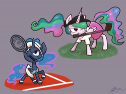 Size: 2048x1536 | Tagged: safe, artist:catscratchpaper, derpibooru import, princess celestia, princess luna, alicorn, pony, clothes, duo, female, golf, golf club, image, jpeg, mouth hold, skirt, sports, tennis, tennis raquet