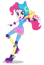 Size: 1364x2000 | Tagged: safe, derpibooru import, official, pinkie pie, equestria girls, friendship games, female, friendship games outfit, friendship games speedskating outfit, helmet, image, looking at you, open mouth, open smile, pads, png, roller skates, school spirit, simple background, skates, skating, smiling, solo, speed skating, speedskating outfit, sporty style, transparent background, tri-cross relay outfit, vector, wondercolts