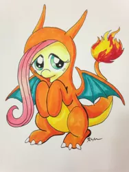 Size: 1536x2048 | Tagged: safe, artist:catscratchpaper, derpibooru import, fluttershy, charizard, pony, clothes, costume, female, image, jpeg, pokémon, solo, traditional art