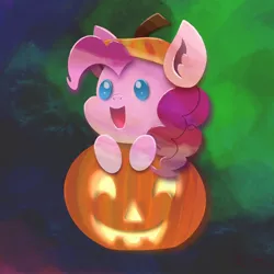 Size: 2048x2048 | Tagged: safe, artist:catscratchpaper, derpibooru import, pinkie pie, earth pony, pony, chibi, female, halloween, holiday, image, jack-o-lantern, jpeg, pumpkin, solo