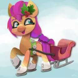 Size: 2048x2048 | Tagged: safe, artist:catscratchpaper, derpibooru import, sunny starscout, earth pony, pony, female, g5, holly, ice skating, image, jpeg, open mouth, sleigh, snow, solo