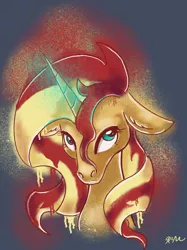 Size: 1280x1707 | Tagged: safe, artist:catscratchpaper, derpibooru import, sunset shimmer, pony, unicorn, bust, female, glow, glowing horn, horn, image, jpeg, solo