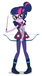 Size: 1093x2000 | Tagged: dead source, safe, derpibooru import, official, sci-twi, twilight sparkle, equestria girls, friendship games, archery, arrow, boots, bow (weapon), bow and arrow, clothes, crystal prep academy, crystal prep shadowbolts, female, glasses, image, looking at you, pants, png, quiver, shoes, simple background, smiling, solo, transparent background, weapon