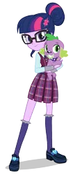 Size: 838x2000 | Tagged: dead source, safe, derpibooru import, official, sci-twi, spike, spike the regular dog, twilight sparkle, dog, unicorn, equestria girls, friendship games, clothes, crystal prep academy uniform, duo, fangs, female, glasses, grin, holding, holding a dog, hug, image, looking at you, male, png, school uniform, shoes, simple background, smiling, socks, stockings, thigh highs, transparent background, vector