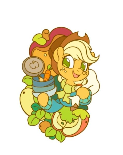 Size: 664x835 | Tagged: safe, artist:drtuo4, derpibooru import, part of a set, applejack, apple, bag, bowl, carrot, clothes, food, fruit, image, jpeg, looking at you, scarf, solo, sweater