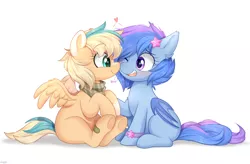 Size: 1400x916 | Tagged: safe, artist:higgly-chan, derpibooru import, oc, oc:astral flare, oc:sun light, unofficial characters only, bat pony, pegasus, pony, bandage, bandana, blushing, boop, commission, cute, duo, female, image, looking at each other, looking at someone, ocbetes, open mouth, open smile, png, simple background, sitting, smiling, underhoof, white background
