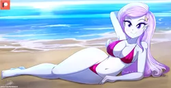 Size: 3867x2000 | Tagged: suggestive, artist:the-butch-x, derpibooru import, edit, fleur-de-lis, equestria girls, absolute cleavage, arm behind head, bare shoulders, barefoot, beach, beach babe, belly button, big breasts, bikini, blushing, breasts, busty fleur-de-lis, cleavage, clothes, curvy, cutie mark accessory, draw me like one of your french girls, eyelashes, eyeshadow, feet, female, hairclip, high res, hourglass figure, image, legs, looking at you, lying down, makeup, micro bikini, miss fleur is trying to seduce us, ocean, pink swimsuit, png, pose, seductive, sexy, side, sleeveless, smiling, smiling at you, solo, solo female, string bikini, stupid sexy fleur-de-lis, swimsuit, thighs, thong swimsuit, water, wide hips