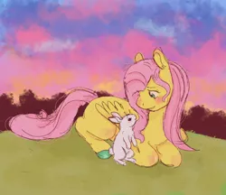 Size: 1280x1106 | Tagged: safe, artist:flurping, derpibooru import, fluttershy, pegasus, pony, rabbit, animal, blushing, colored hooves, female, grass, head turned, image, looking at each other, looking at someone, looking down, lying, lying down, mare, missing cutie mark, open mouth, open smile, outdoors, png, ponyloaf, prone, smiling, solo, stray strand, wings