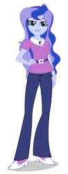 Size: 780x2000 | Tagged: dead source, safe, derpibooru import, official, princess luna, equestria girls, belt, clothes, eyeshadow, female, hand on waist, image, looking at you, makeup, pants, png, shirt, shoes, simple background, solo, transparent background, vector, vice principal luna