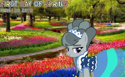 Size: 2064x1275 | Tagged: safe, artist:not-yet-a-brony, derpibooru import, edit, marble pie, earth pony, pony, 2022, clothes, dress, female, flower, garden, image, looking at you, lyrics in the description, mare, png, river, song in the description, song reference, spring, stream, tree, water, youtube link in the description
