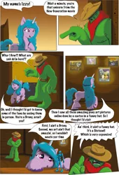 Size: 2212x3247 | Tagged: safe, artist:cactuscowboydan, derpibooru import, izzy moonbow, oc, unicorn, comic:the good the bad and the pony, g5, spoiler:g5, artwork, canterlot, cowboy hat, cute, cutie mark, hat, house, image, jpeg, wide eyes