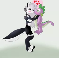 Size: 1280x1268 | Tagged: safe, artist:mojo1985, derpibooru import, spike, dragon, hellhound, blushing, crossover, crossover shipping, eyes closed, female, floating heart, heart, helluva boss, holding, holding a dragon, image, jpeg, kissing, loona (helluva boss), male, shipping, smooch, spikelove, spiloona, straight, surprise kiss