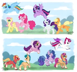 Size: 5650x5236 | Tagged: safe, artist:julunis14, derpibooru import, applejack, fluttershy, hitch trailblazer, izzy moonbow, pinkie pie, pipp petals, rainbow dash, rarity, sprout cloverleaf, sunny starscout, twilight sparkle, zipp storm, alicorn, earth pony, pegasus, pony, unicorn, g5, image, mane five (g5), mane six, png