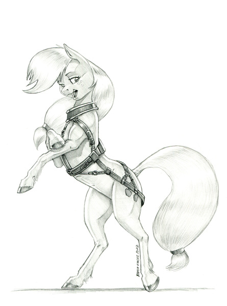 Size: 1000x1347 | Tagged: safe, artist:baron engel, derpibooru import, applejack, earth pony, pony, female, grayscale, harness, image, jpeg, monochrome, open mouth, pencil drawing, rearing, simple background, solo, tack, traditional art, white background