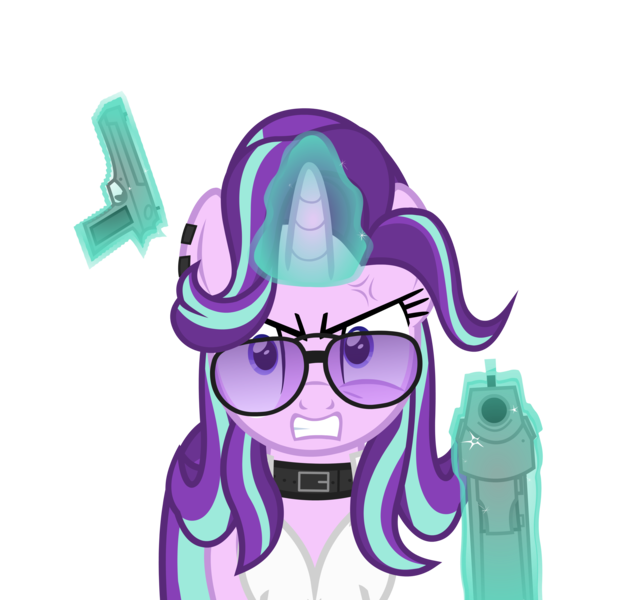 Size: 5943x5632 | Tagged: safe, artist:duskyzombie, derpibooru import, starlight glimmer, pony, unicorn, absurd resolution, angry, aviator glasses, clothes, desert eagle, female, furious, gun, horn, image, looking at you, magic, mare, png, ragelight glimmer, simple background, solo, transparent background, vest, weapon