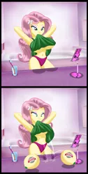 Size: 1417x2822 | Tagged: suggestive, artist:ponymaan, derpibooru import, fluttershy, equestria girls, arm behind head, bathroom, belly button, breasts, busty fluttershy, clothes, fail, fake breasts, food, image, lineart, melon, open mouth, panties, phone, png, underwear