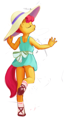 Size: 283x468 | Tagged: safe, artist:deiviantart, derpibooru import, edit, apple bloom, anthro, earth pony, ass, butt, clothes, dress, female, hat, image, png, schrödinger's pantsu, solo