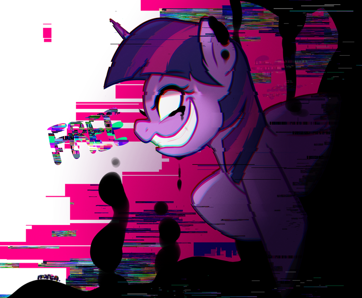 Size: 2712x2228 | Tagged: safe, artist:maren, derpibooru import, twilight sparkle, alicorn, pony, crossover, dusk till dawn, error, female, friday night funkin', glitch, grin, image, learning with pibby, mare, png, smiling, solo, static