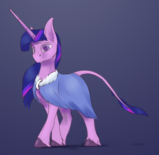 Size: 2218x2160 | Tagged: safe, artist:tenebrisnoctus, derpibooru import, twilight sparkle, classical unicorn, pony, unicorn, cape, clothes, cloven hooves, female, gradient background, high res, horn, image, leonine tail, long horn, mare, png, solo, tail, unicorn twilight, unshorn fetlocks