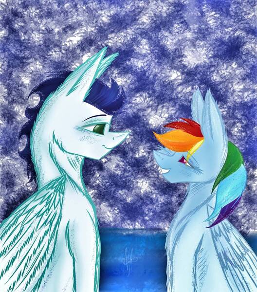 Size: 1153x1309 | Tagged: safe, artist:nightalein, derpibooru import, rainbow dash, soarin', female, image, jpeg, looking at each other, looking at someone, male, shipping, soarindash, straight, traditional art