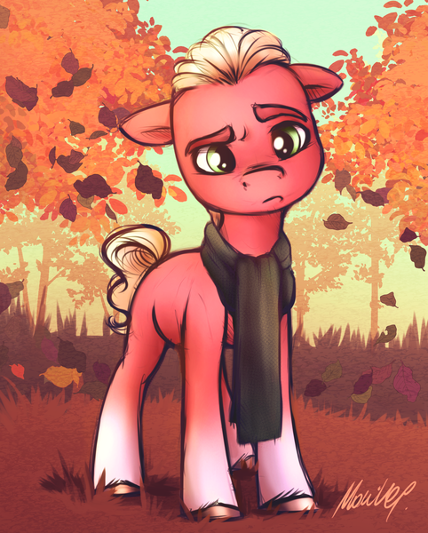 Size: 1440x1791 | Tagged: safe, artist:buttersprinkle, derpibooru import, sprout cloverleaf, earth pony, pony, my little pony: a new generation, autumn, clothes, floppy ears, g5, image, leaves, male, png, scarf, solo, stallion