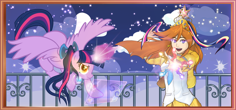 Size: 2300x1080 | Tagged: safe, artist:icy_passio, derpibooru import, twilight sparkle, alicorn, human, ace attorney, balcony, cloud, crossover, crown, elements of justice, female, horn, image, jewelry, lawyer, magic, night, png, regalia