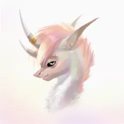 Size: 2080x2080 | Tagged: safe, artist:inarimayer, derpibooru import, oc, unofficial characters only, bicorn, pony, bust, chest fluff, ear piercing, earring, eyelashes, female, horn, horn ring, image, jewelry, jpeg, mare, multiple horns, piercing, ring, smiling, solo