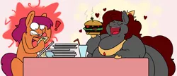 Size: 2740x1182 | Tagged: safe, artist:queenfrau, derpibooru import, oc, oc:level 4, oc:queen frau, unofficial characters only, earth pony, pony, burger, dinner, eating, fat, female, floating heart, food, hamburger, heart, image, male, mare, oc x oc, plates, png, royalty, shipping, silly, stallion, surprised
