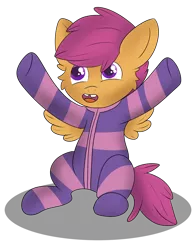 Size: 1024x1326 | Tagged: safe, artist:skyflys, derpibooru import, scootaloo, pegasus, pony, clothes, cute, cutealoo, female, filly, foal, footed sleeper, image, pajamas, png, simple background, solo, transparent background