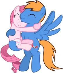 Size: 1610x1863 | Tagged: safe, artist:muhammad yunus, derpibooru import, oc, oc:annisa trihapsari, oc:rozyfly, earth pony, pegasus, pony, base used, earth pony oc, eyes closed, female, flying, happy, hug, image, male, mare, medibang paint, pegasus oc, png, shipping, simple background, smiling, stallion, transparent background, wings