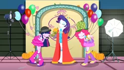 Size: 3410x1920 | Tagged: safe, derpibooru import, screencap, pinkie pie, rarity, twilight sparkle, a photo booth story, eqg summertime shorts, equestria girls, balloon, bare shoulders, boots, clothes, eyes closed, fall formal outfits, female, hairpin, high res, image, jpeg, shoes, sleeveless, smiling, strapless, trio, trio female, twilight ball dress