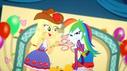 Size: 3410x1920 | Tagged: safe, derpibooru import, screencap, applejack, rainbow dash, a photo booth story, eqg summertime shorts, equestria girls, balloon, bare shoulders, belt, clothes, cowboy hat, cutie mark, cutie mark on clothes, duo, duo female, fall formal outfits, female, hat, high res, image, jpeg, open mouth, open smile, sleeveless, smiling, strapless