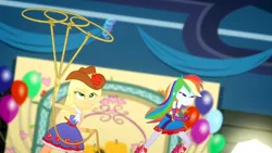 Size: 3410x1920 | Tagged: safe, derpibooru import, screencap, applejack, rainbow dash, a photo booth story, eqg summertime shorts, equestria girls, balloon, bare shoulders, belt, boots, clothes, cowboy hat, cutie mark, cutie mark on clothes, duo, duo female, fall formal outfits, female, hat, high res, image, jpeg, lasso, rope, shoes, sleeveless, smiling, strapless