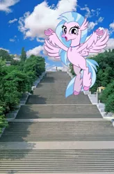 Size: 720x1095 | Tagged: safe, derpibooru import, silverstream, pony, happy, image, irl, jpeg, odessa, photo, ponies in real life, stairs, that hippogriff sure does love stairs, ukraine