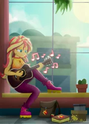 Size: 2048x2849 | Tagged: safe, alternate version, artist:lordshrekzilla20, derpibooru import, sunset shimmer, fanfic:the one true king, equestria girls, breasts, cleavage, female, guitar, high res, image, jewelry, jpeg, music notes, musical instrument, necklace, playing instrument, relaxing, smiling, sunny, window