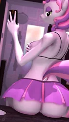 Size: 2160x3840 | Tagged: suggestive, artist:silkworm205, derpibooru import, sweetie belle, anthro, unicorn, 3d, bathroom, bedroom eyes, bra, breast hold, butt, clothes, derpibooru exclusive, dock, eyeshadow, female, image, large butt, looking at you, looking back, makeup, older, partial nudity, png, revamped anthros, selfie, short skirt, shower, skirt, solo, solo female, source filmmaker, sweetie butt, tail, topless, underwear, wide hips