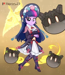 Size: 1642x1914 | Tagged: safe, artist:tabrony23, derpibooru import, twilight sparkle, equestria girls, beautiful, boots, breasts, clothes, costume, crossover, cute, dress, female, flag, genshin impact, hat, high res, image, looking at you, patreon, patreon logo, png, shoes, slimes (genshin impact), smiling, solo, solo female, video game crossover, yun jin (genshin impact)