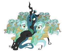 Size: 1078x900 | Tagged: safe, artist:xkappax, derpibooru import, lyra heartstrings, queen chrysalis, changeling, changeling queen, bench, derp, female, image, lyravasion, meme, multeity, png, sitting, sitting lyra