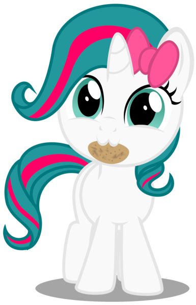 Size: 2013x3140 | Tagged: safe, artist:strategypony, derpibooru import, oc, oc:pinkie rose, unofficial characters only, pony, unicorn, bow, cute, female, filly, foal, food, horn, image, looking at you, mane bow, mouth hold, ocbetes, png, potato, simple background, transparent background, unicorn oc