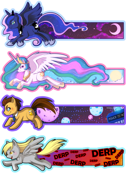 Size: 1414x2000 | Tagged: safe, artist:willow-san, artist:willowsan, derpibooru import, derpy hooves, doctor whooves, princess celestia, princess luna, time turner, alicorn, earth pony, pegasus, pony, bookmark, derp, doctor who, female, image, male, mare, png, simple background, speed trail, stallion, tardis, transparent background