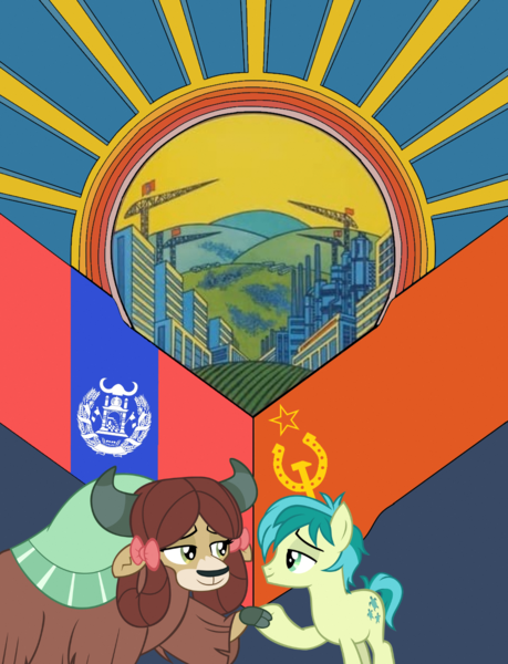 Size: 1000x1306 | Tagged: safe, artist:bodyashkin, derpibooru import, edit, edited screencap, screencap, sandbar, yona, pony, yak, the ending of the end, communism, duo, female, flag, image, male, png, poster, poster parody, propaganda, socialism, soviet