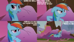 Size: 1280x720 | Tagged: safe, derpibooru import, edit, edited screencap, editor:quoterific, screencap, rainbow dash, pegasus, pony, season 2, the mysterious mare do well, female, floppy ears, hot air balloon, image, jpeg, mare, open mouth, solo, text, tree, twinkling balloon