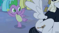 Size: 1280x720 | Tagged: safe, derpibooru import, screencap, nightjar, spike, zippoorwhill, dragon, pegasus, pony, filli vanilli, season 4, animated, cute, female, filly, foal, gif, gifs.com, glasses, image, male, offscreen character, open mouth, open smile, smiling, spikabetes, spread wings, stallion, wings