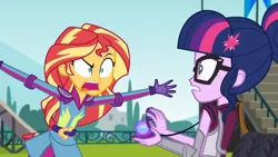 Size: 3410x1920 | Tagged: safe, derpibooru import, screencap, sci-twi, sunset shimmer, twilight sparkle, equestria girls, friendship games, angry, duo, duo female, female, glasses, high res, image, jpeg, lip bite, magic capture device, open mouth, shrunken pupils