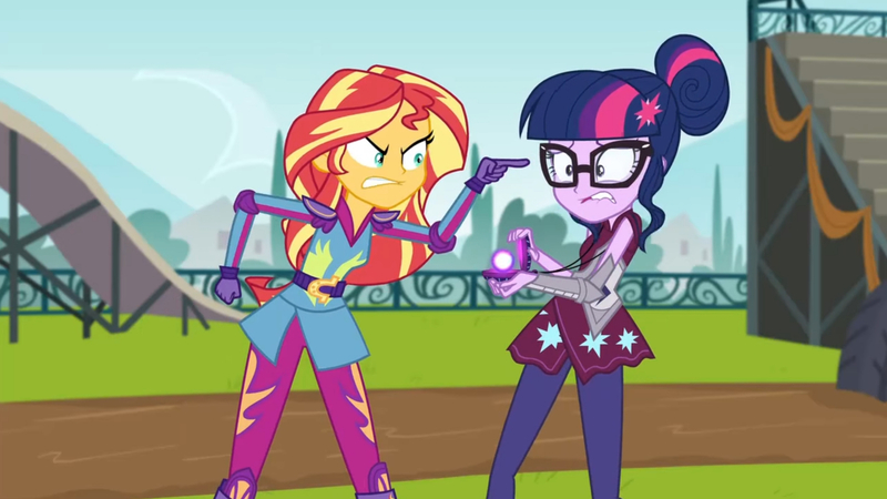 Size: 3410x1920 | Tagged: safe, derpibooru import, screencap, sci-twi, sunset shimmer, twilight sparkle, equestria girls, friendship games, angry, duo, duo female, female, glasses, high res, image, jpeg, lip bite, magic capture device, pointing