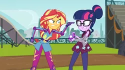 Size: 3410x1920 | Tagged: safe, derpibooru import, screencap, sci-twi, sunset shimmer, twilight sparkle, equestria girls, friendship games, angry, duo, duo female, female, glasses, high res, image, jpeg, lip bite, magic capture device, pointing
