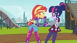 Size: 3410x1920 | Tagged: safe, derpibooru import, screencap, sci-twi, sunset shimmer, twilight sparkle, equestria girls, friendship games, angry, duo, duo female, eyes closed, female, glasses, high res, image, jpeg, magic capture device