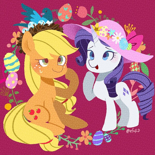 Size: 1277x1277 | Tagged: safe, artist:efuji_d, derpibooru import, applejack, rarity, bird, earth pony, pony, unicorn, blushing, duo, easter egg, female, flower, hat, image, jpeg, looking up, mare, nest, red background, simple background, sitting