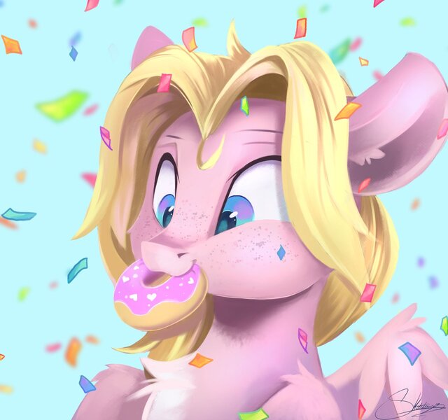 Size: 1280x1200 | Tagged: safe, artist:sketchiix3, derpibooru import, oc, oc:mio, unofficial characters only, pegasus, pony, bust, chest fluff, confetti, donut, female, food, freckles, image, jpeg, mare, open mouth, solo
