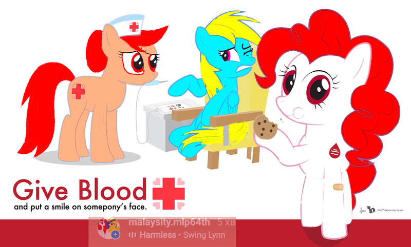 Size: 1151x694 | Tagged: safe, artist:shafiqhafizi70, derpibooru import, nurse redheart, pinkie pie, oc, oc:indonisty, ponified, unofficial characters only, earth pony, pony, cookie, eating, food, image, indonesia, injection, mouthpiece, nation ponies, photo, png, poster, recolor